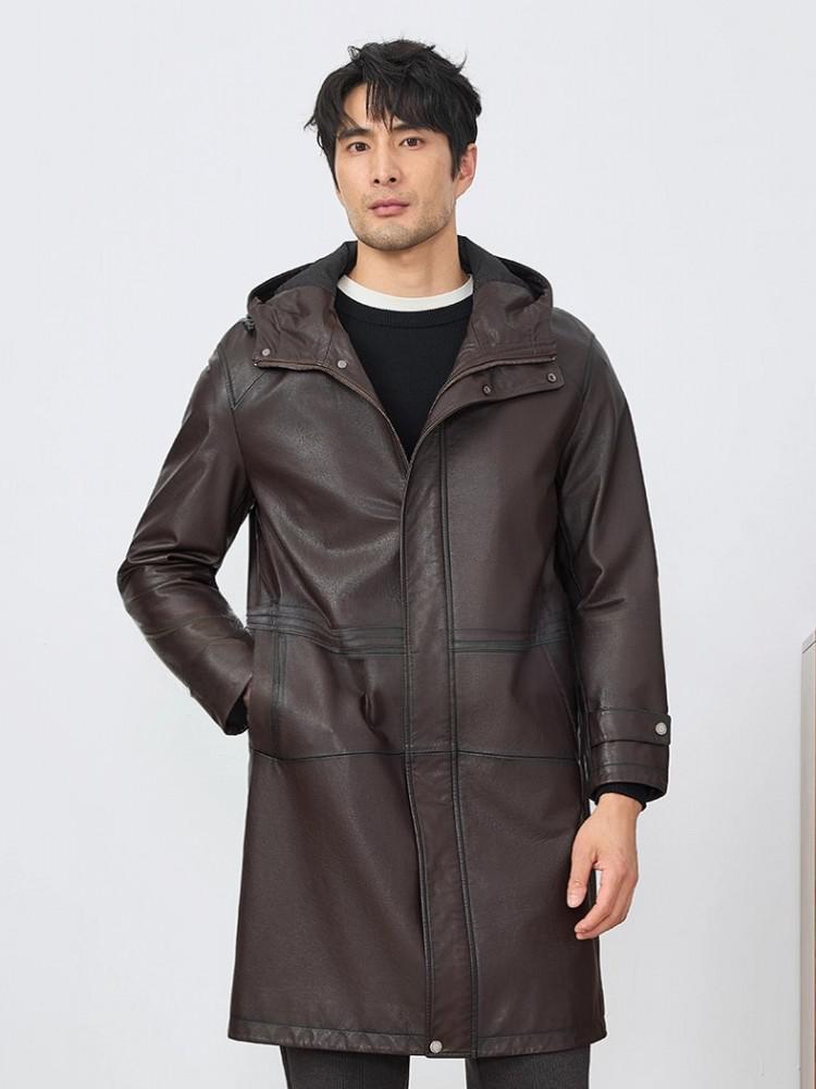 ファッションメンズ秋の新作フード付き牛革本革ロングジャケット - Leather Work Jacket With Hood のレビューと価格