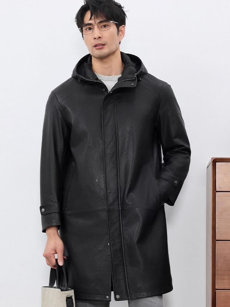 ファッションメンズ秋の新作フード付き牛革本革ロングジャケット - Leather Work Jacket With Hood のレビューと価格