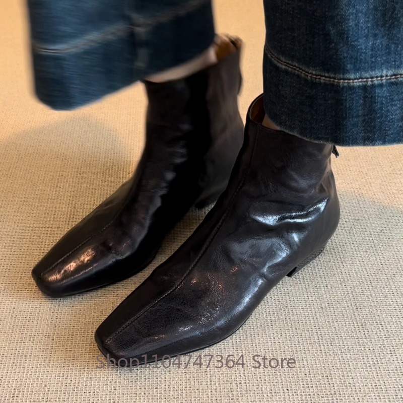 シープスキン レトロ フレンチ スクエアトゥ アンクルブーツ - Leather Work Women Shoes のレビューと価格