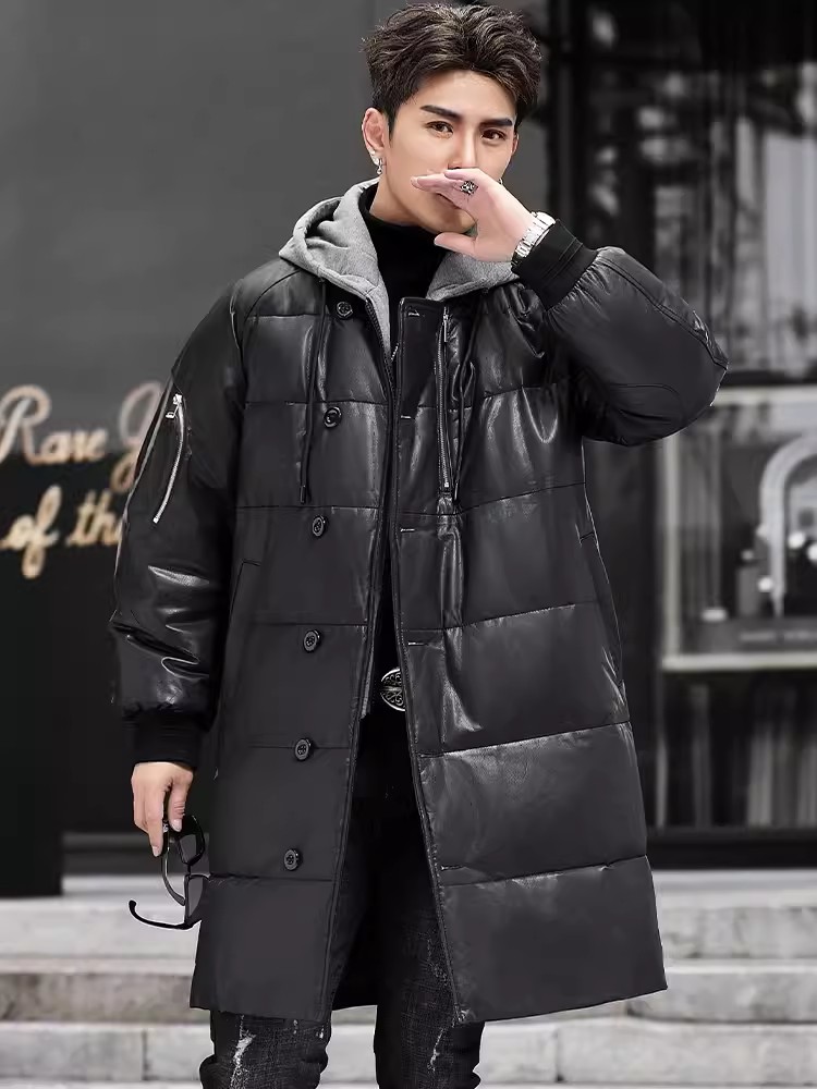 冬の新作 メンズ フード付き ロング丈 本革 ダウンジャケッ - Leather Work Jacket With Hood のレビューと価格