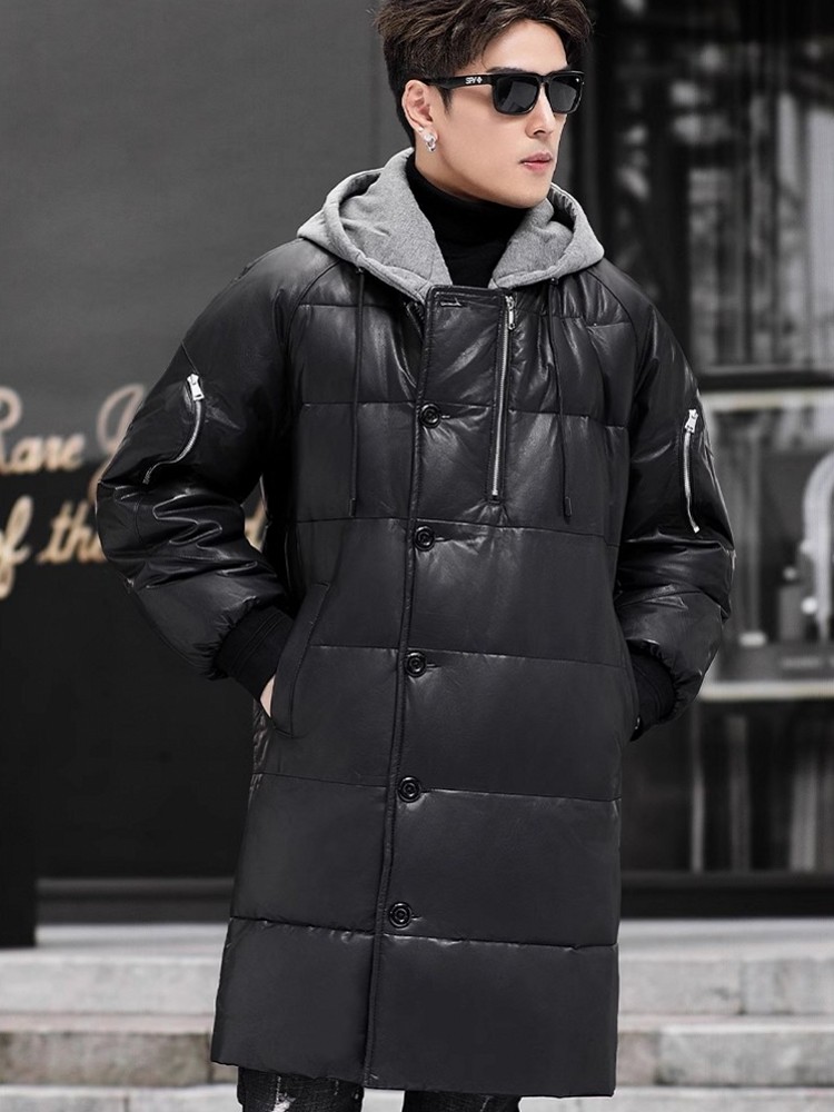 冬の新作 メンズ フード付き ロング丈 本革 ダウンジャケッ - Leather Work Jacket With Hood のレビューと価格