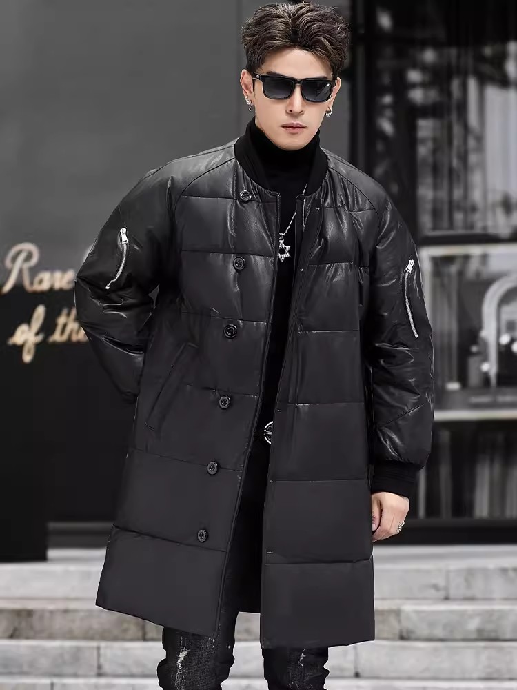 冬の新作 メンズ フード付き ロング丈 本革 ダウンジャケッ - Leather Work Jacket With Hood のレビューと価格