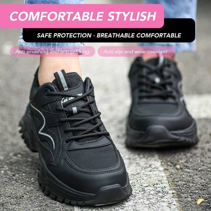 快適な安全靴、耐パンク性、耐衝撃性、調節可能な滑り止め作業靴 - Leather Work Women Shoes のレビューと価格