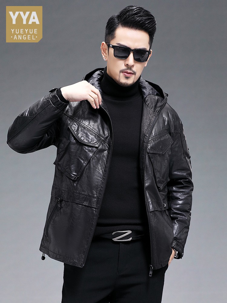 冬の男性暖かいリアルヤギ皮ダウンジャケットフード付きウインド - Leather Work Jacket With Hood のレビューと価格
