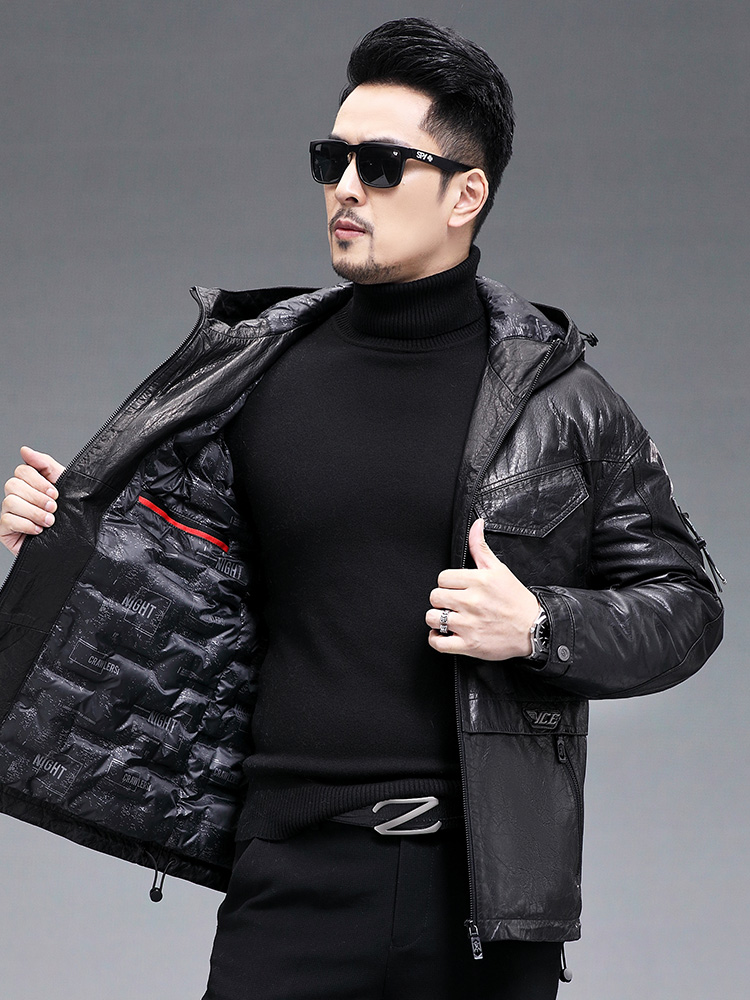 冬の男性暖かいリアルヤギ皮ダウンジャケットフード付きウインド - Leather Work Jacket With Hood のレビューと価格