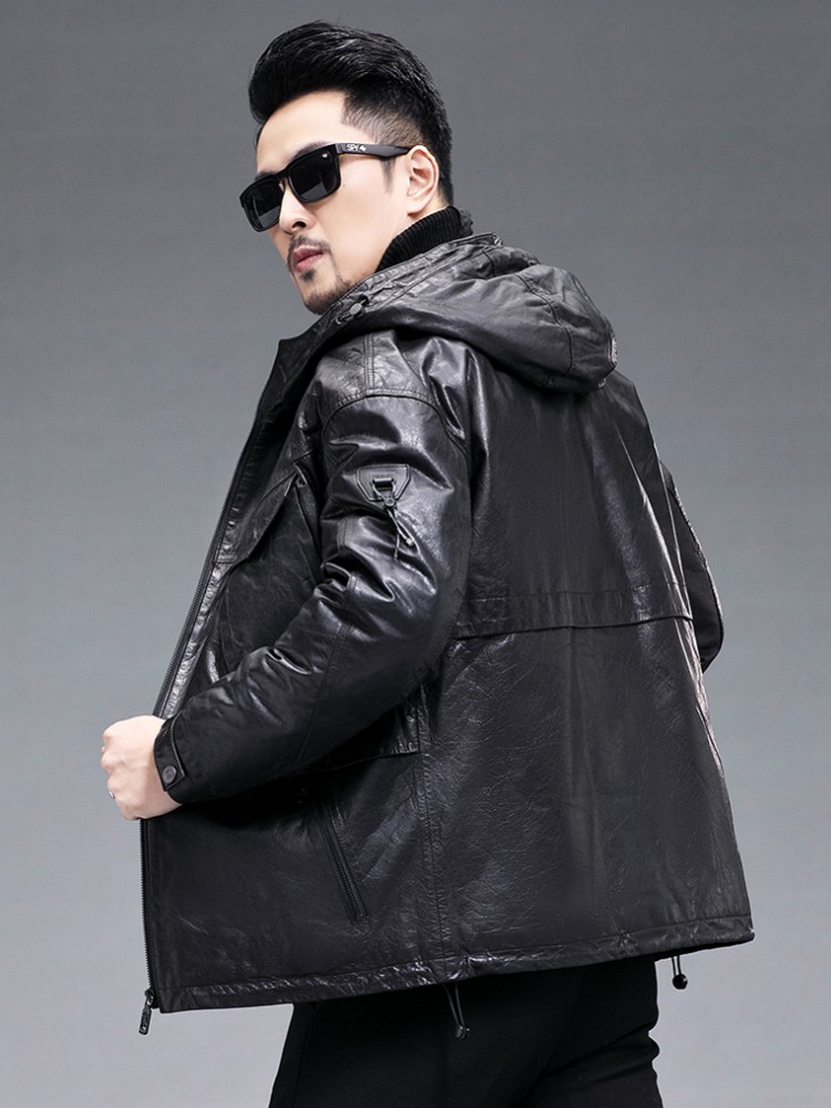 冬の男性暖かいリアルヤギ皮ダウンジャケットフード付きウインド - Leather Work Jacket With Hood のレビューと価格