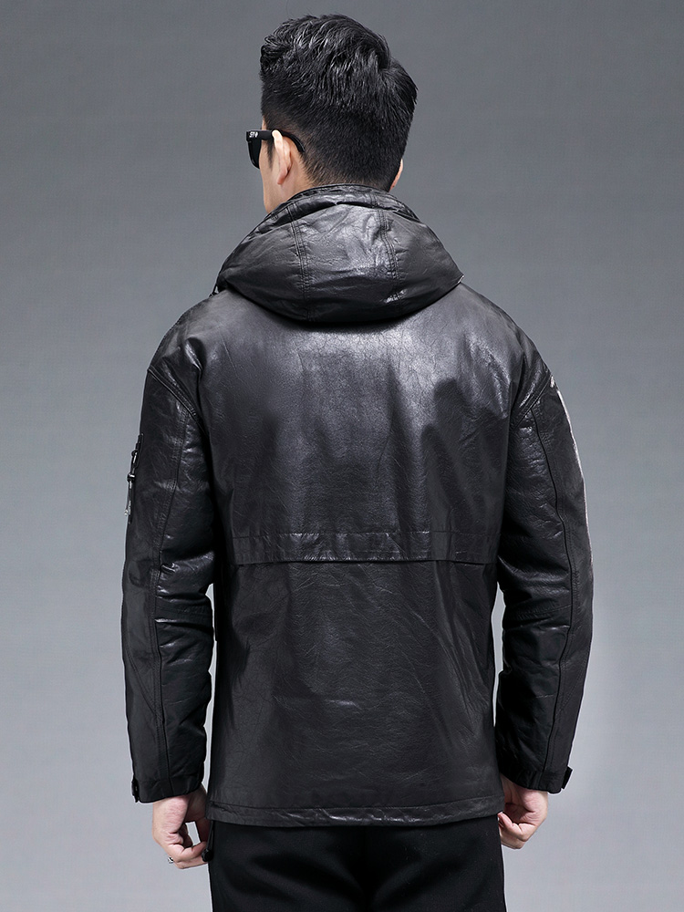 冬の男性暖かいリアルヤギ皮ダウンジャケットフード付きウインド - Leather Work Jacket With Hood のレビューと価格