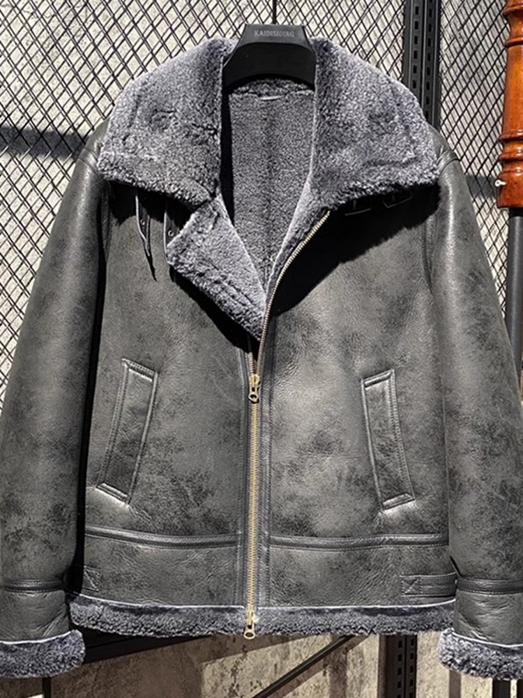 男性冬暖かいウール裏地シープスキン本革ジャケットフード付き天 - Leather Work Jacket With Hood のレビューと価格
