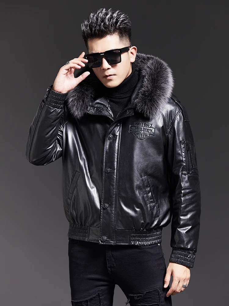 ファッションメンズ冬フォックスファー襟フード付きシープスキン - Leather Work Jacket With Hood のレビューと価格