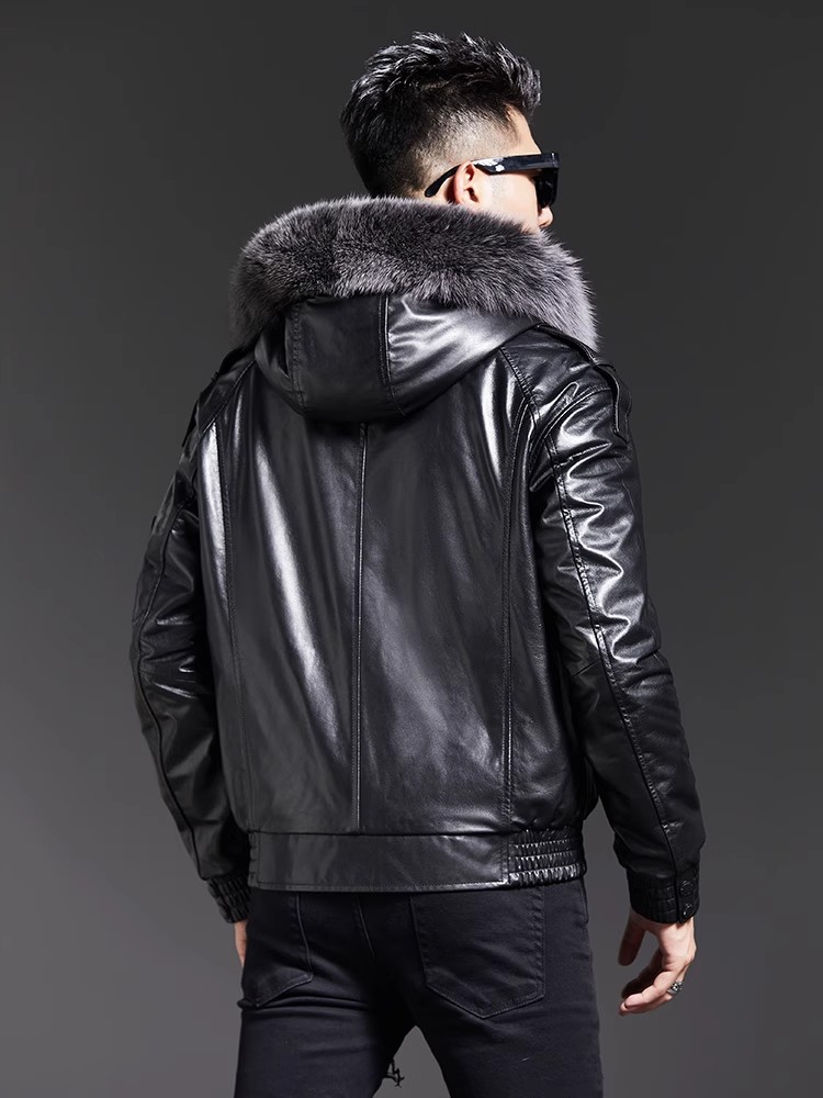 ファッションメンズ冬フォックスファー襟フード付きシープスキン - Leather Work Jacket With Hood のレビューと価格