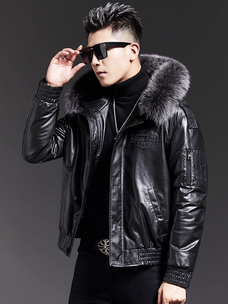 ファッションメンズ冬フォックスファー襟フード付きシープスキン - Leather Work Jacket With Hood のレビューと価格