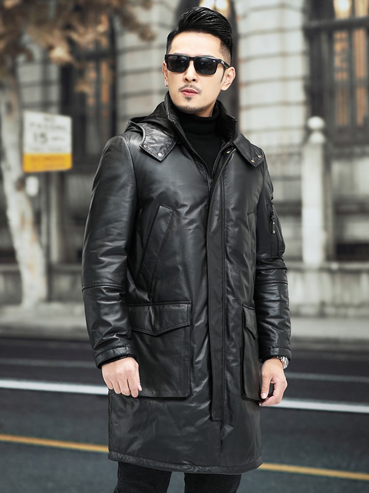 冬の男性暖かい牛革本革ダウンジャケットフードビジネスカジュア - Leather Work Jacket With Hood のレビューと価格