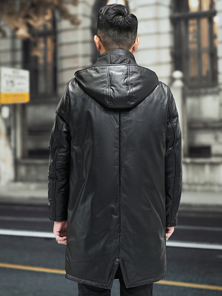 冬の男性暖かい牛革本革ダウンジャケットフードビジネスカジュア - Leather Work Jacket With Hood のレビューと価格