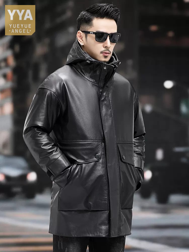男性用の取り外し可能な牛革ジャケット,冬用の暖かくてしなやか - Leather Work Jacket With Hood のレビューと価格