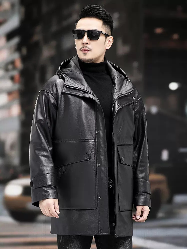 男性用の取り外し可能な牛革ジャケット,冬用の暖かくてしなやか - Leather Work Jacket With Hood のレビューと価格